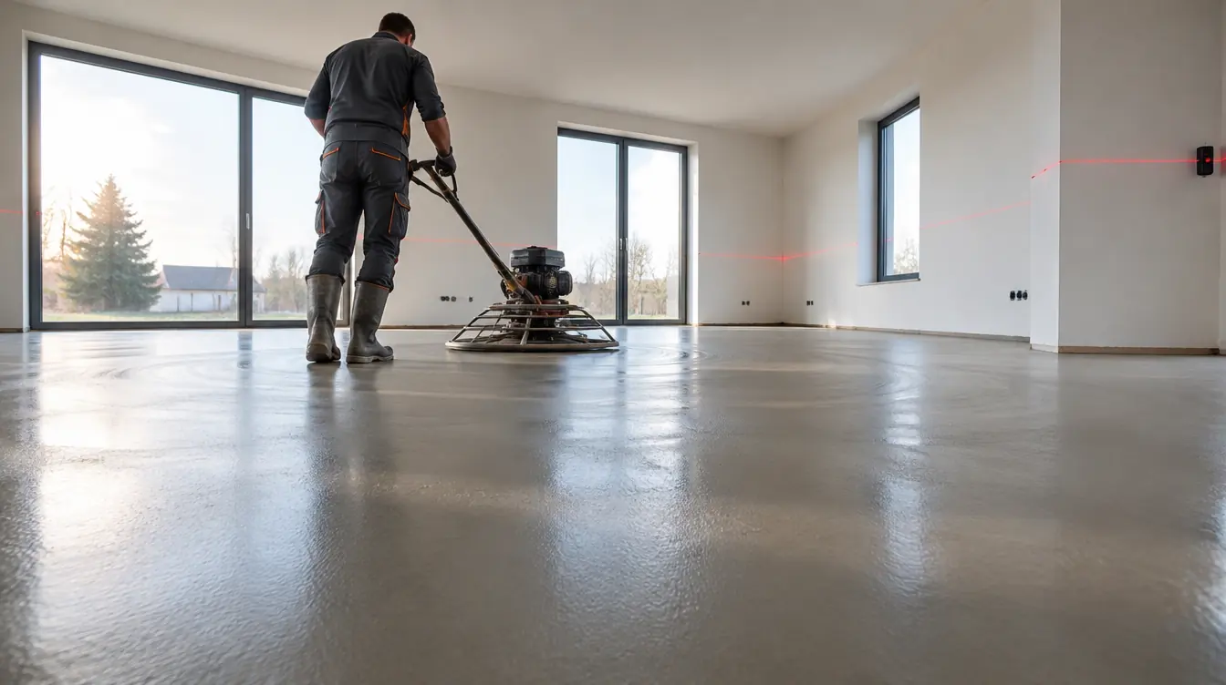 Mechaniczne zacieranie świeżej posadzki betonowej zacieraczką